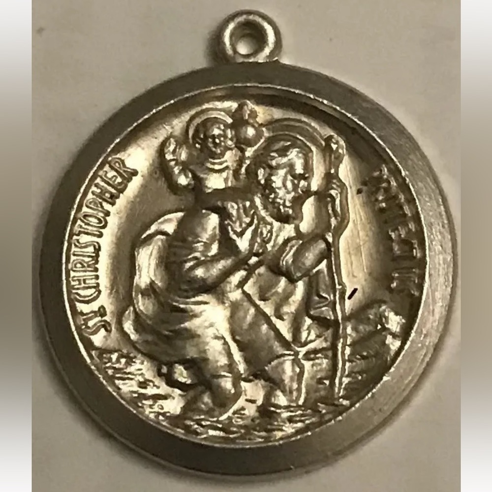 Vintage Sterling Silver ROUND Saint Christopher  3D Religious Pendant